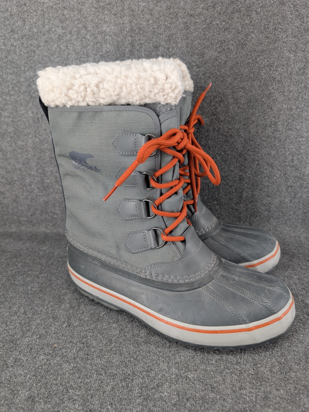 Sorel Gray Winter Boots with Orange Laces and Shearling Cuff